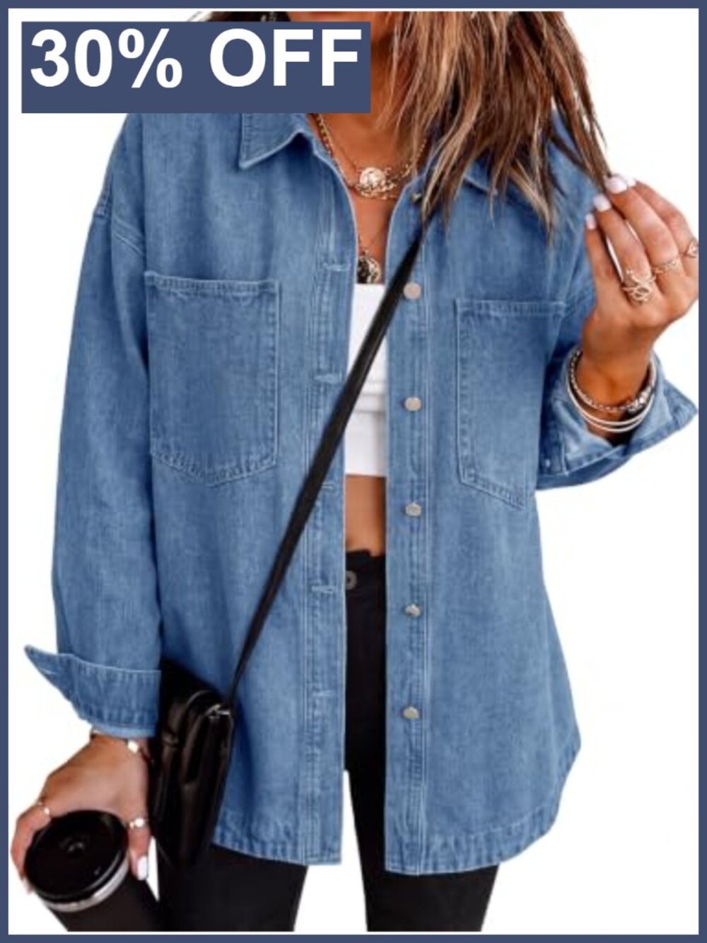 Oversized Denim Button Down Shacket Long Sleeve Cotton Jean Shirt